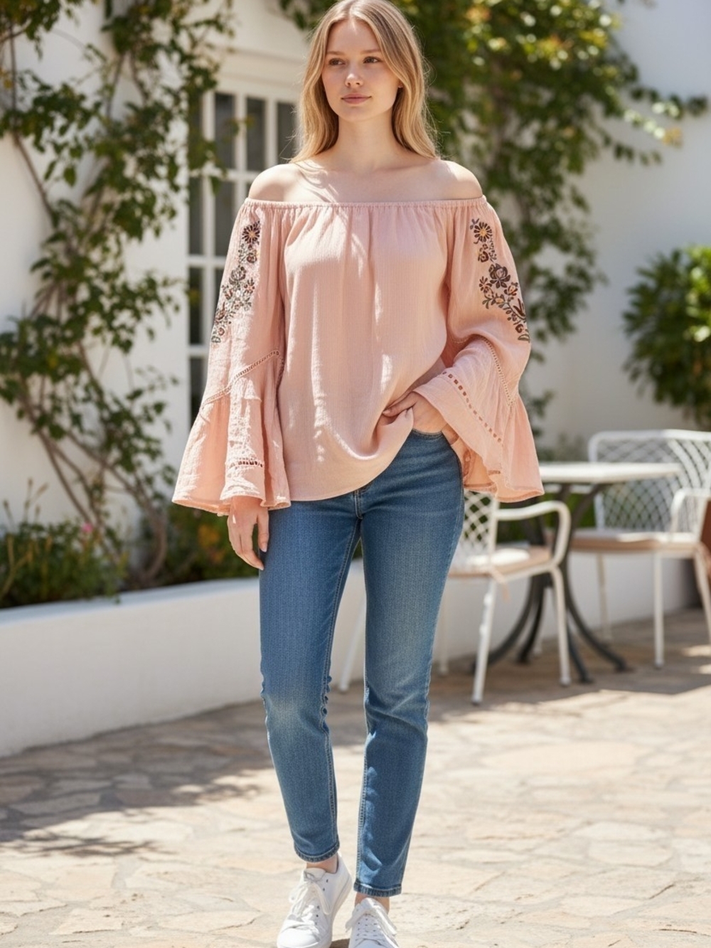 Lulu's Blush Pink Off-the-Shoulder Embroidered Bell Sleeve Boho Top Size S